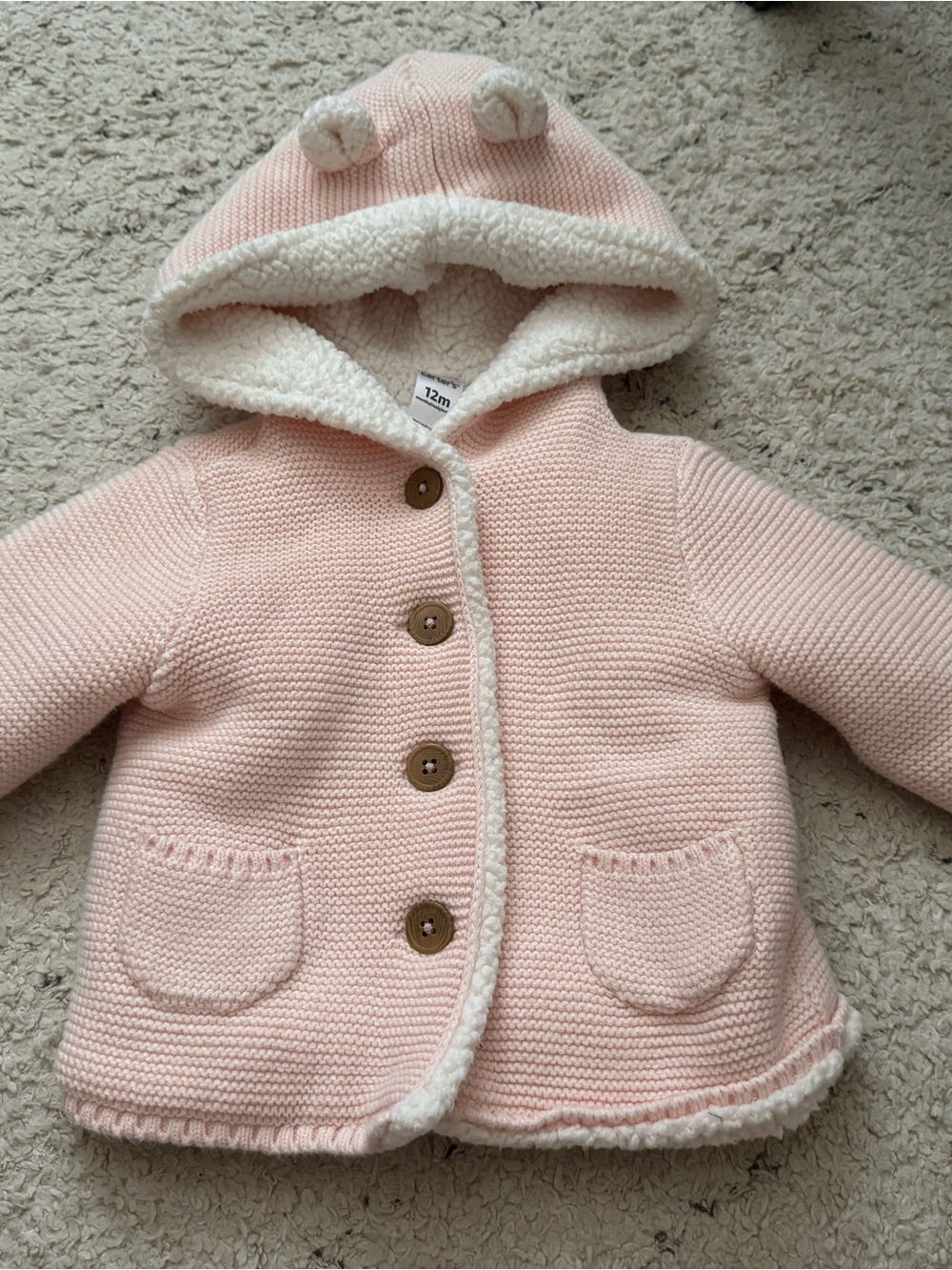 Carter's Pink Hooded Knit Baby Jacket with Sherpa Trim